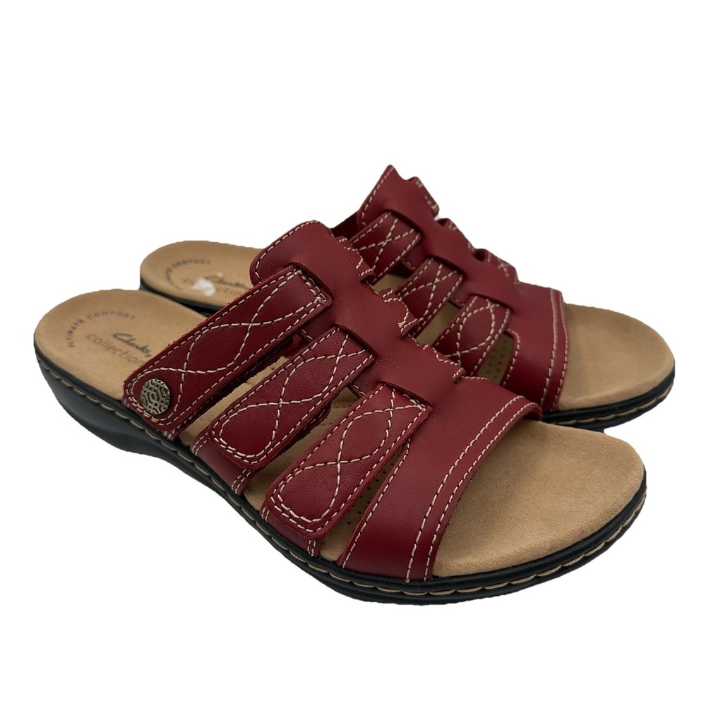 Clarks Sandals Womens Sz 7 W Red Leather 4 Strap Strappy Slip‎ On Slides